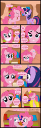 Size: 2415x7429 | Tagged: safe, artist:gutovi, imported from derpibooru, pinkie pie, twilight sparkle, earth pony, pony, unicorn, comic:grace pinkie, blushing, book, bookshelf, comic, conjoined, conjoined twins, derp, dialogue, eyes closed, female, floppy ears, freddie mercury, golden oaks library, grace kelly (song), horn, mare, mika, parody, pinkamena diane pie, sad, smiling, song reference, speech bubble, text, unamused, unicorn twilight, when she doesn't smile