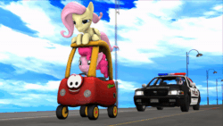 Size: 600x338 | Tagged: safe, artist:jarmasxd, imported from derpibooru, fluttershy, pinkie pie, twilight sparkle, earth pony, human, pegasus, pony, equestria girls, 3d, animated, car, chase, cozy coupe, ford, ford crown victoria, gif, highway, police, police car, sky, smiling