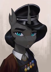 Size: 1448x2048 | Tagged: safe, artist:mrscroup, imported from derpibooru, oc, oc only, changeling, equestria at war mod, cap, clothes, hat, looking at you, solo, uniform