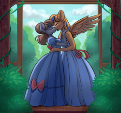 Size: 2655x2484 | Tagged: safe, artist:kittytitikitty, imported from derpibooru, oc, oc only, oc:cold front, oc:disty, anthro, pegasus, unicorn, anthro oc, bow, clothes, crossdressing, dress, duo, french kiss, gown, horn, kissing, pegasus oc, ponytail, princess costume, unicorn oc