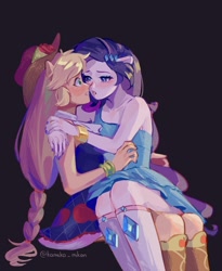 Size: 1800x2200 | Tagged: safe, artist:kameko_mikan, imported from derpibooru, applejack, rarity, human, equestria girls, equestria girls (movie), bare shoulders, blushing, clothes, cuddling, dress, drunk, drunk aj, drunk lesbian, drunk rarity, duo, fall formal outfits, female, lesbian, lidded eyes, painted nails, ponied up, pony ears, rarijack, shipping, sitting on lap, sleeveless, strapless, surprised, wide eyes