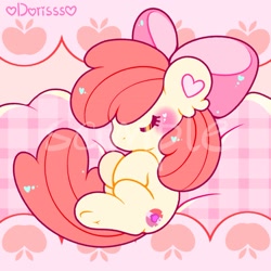 Size: 1843x1843 | Tagged: safe, artist:pinkdorisss, imported from derpibooru, apple bloom, earth pony, pony, adorabloom, blushing, chibi, cute, female, filly, foal, sample, sleeping, solo