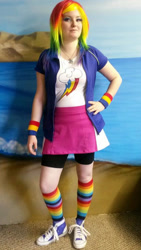Size: 540x960 | Tagged: safe, artist:chubbythecat, imported from derpibooru, rainbow dash, human, equestria girls, 2013, clothes, converse, irl, irl human, multicolored hair, photo, rainbow hair, rainbow socks, shoes, socks, solo, striped socks