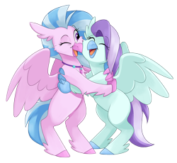 Size: 3042x2799 | Tagged: safe, artist:luximus17, imported from derpibooru, silverstream, oc, oc:ocean breeze, oc:ocean breeze (savygriffs), classical hippogriff, hippogriff, canon x oc, cute, diastreamies, duo, hippogriff oc, hug, oceanstream, one eye closed, simple background, transparent background, wink
