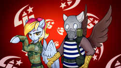 Size: 1996x1116 | Tagged: safe, artist:colourwave, imported from derpibooru, oc, oc only, oc:colourwave, griffon, pegasus, call of duty, call of duty: modern warfare 2019, clothes, dancing, duo, eared griffon, female, gas mask, general barkov, griffon oc, j-12, jojack, mask, military uniform, parody, parody of a parody, pegasus oc, spread wings, uniform, wings