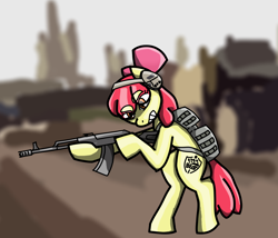 Size: 1500x1282 | Tagged: safe, artist:halfaman, derpibooru exclusive, imported from derpibooru, apple bloom, earth pony, pony, ak-74m, backpack, bipedal, blurry background, customized toy, escape from tarkov, gun, headphones, photo, pmc, solo, toy, weapon