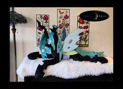 Size: 792x576 | Tagged: safe, artist:purplenebulastudios, imported from derpibooru, queen chrysalis, changeling, changeling queen, female, irl, lying down, passepartout, photo, plushie, prone, solo