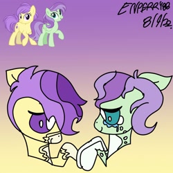 Size: 2048x2048 | Tagged: safe, artist:enperry88, imported from derpibooru, berry sweet, violet twirl, earth pony, pegasus, pony, berrytwirl, coat markings, crying, duo, duo female, female, friendship student, gradient background, happy, holding, holding hooves, lesbian, looking at each other, looking at someone, love, mare, pinto, raised hoof, shipping, simple background, smiling, smiling at each other, socks (coat markings), tears of joy, violet background, yellow background