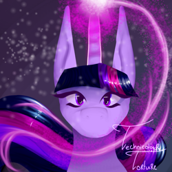 Size: 1280x1280 | Tagged: safe, artist:technicolourtorture, imported from derpibooru, twilight sparkle, alicorn, flowing mane, looking at you, magic, simple background, solo, twilight sparkle (alicorn)