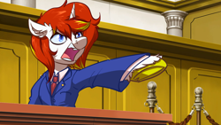 Size: 4000x2256 | Tagged: safe, artist:witchtaunter, imported from derpibooru, oc, oc only, pony, unicorn, ace attorney, angry, attorney, clothes, commission, courtroom, ears back, male, meme, necktie, objection, phoenix wright, ponified, ponified meme, reference, solo, stallion, suit, unshorn fetlocks, yelling