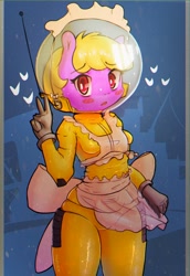 Size: 910x1320 | Tagged: safe, artist:mistleinn, imported from derpibooru, oc, oc:puppysmiles, anthro, earth pony, fallout equestria, blonde hair, clothes, female, hazmat suit, peace sign, pink eyes, solo, uniform