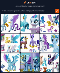 Size: 1144x1393 | Tagged: safe, imported from derpibooru, classical hippogriff, griffon, hippogriff, accessory, ai content, ai generated, g5, generator:craiyon, maretime bay, my little pony: a new generation, not gallus, not salmon, not silverstream, not zipp storm, toy, wat