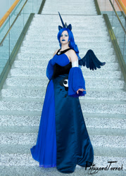 Size: 714x1000 | Tagged: safe, artist:blizzardterrak, imported from derpibooru, princess luna, human, bare shoulders, blue lipstick, clothes, cosplay, costume, fanimecon, irl, irl human, photo, solo, stairs