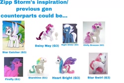 Size: 1280x853 | Tagged: safe, imported from derpibooru, screencap, firefly, heart bright, night glider, star catcher, earth pony, pegasus, pony, brush, chilly breezes, crown, daisy may, female, g1, g3, g4, implied zipp storm, inspiration, jewelry, mare, regalia, simple background, star swirl (g3), starshine (g1), white background, wings