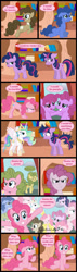 Size: 477x1674 | Tagged: safe, artist:gutovi, imported from derpibooru, berry punch, berryshine, blues, carrot top, doctor whooves, golden harvest, noteworthy, pinkie pie, princess celestia, time turner, twilight sparkle, alicorn, earth pony, pony, unicorn, comic:grace pinkie, angry, blood, blushing, book, bookshelf, butt, clothes, cloud, comic, confused, crown, dialogue, discorded, dyed mane, egg, eyes closed, fake horn, fake wings, female, floppy ears, freddie mercury, golden oaks library, grace kelly (song), horn, jewelry, mare, meanie pie, messy mane, mika, necktie, nosebleed, parody, pinkamena diane pie, pinpoint eyes, plot, regalia, sad, shoes, sitting, smiling, song reference, speech bubble, text, twilight snapple, unamused, unicorn twilight