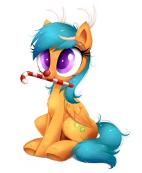 Size: 838x1024 | Tagged: safe, imported from twibooru, pegasus, pony, candy, candy cane, fake antlers, food, image, needs more jpeg, red nose, sunstone