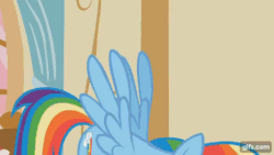 Size: 640x360 | Tagged: safe, imported from derpibooru, screencap, applejack, gummy, rainbow dash, alligator, earth pony, pegasus, pony, party of one, season 1, ^^, animated, applejack's hat, cowboy hat, eyes closed, female, floppy ears, gif, gifs.com, hat, male, mare, open mouth, open smile, smiling, spread wings, sugarcube corner, trio, wet, wet mane, wings