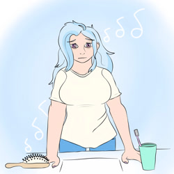 Size: 1280x1280 | Tagged: safe, artist:japaw, imported from derpibooru, trixie, human, bathroom, breasts, brush, clothes, cup, female, hairbrush, humanized, messy hair, music notes, pants, shirt, sink, solo, t-shirt, toothbrush