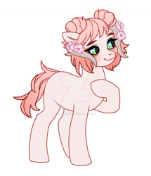 Size: 1280x1490 | Tagged: safe, artist:kusacakusaet, imported from derpibooru, oc, oc only, earth pony, pony, deviantart watermark, eyelashes, female, flower, flower in hair, hoof on chest, mare, obtrusive watermark, raised hoof, simple background, smiling, solo, watermark, white background