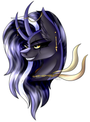 Size: 2025x2733 | Tagged: safe, artist:beamybutt, imported from derpibooru, oc, oc only, oc:lilith, bicorn, pony, bust, chains, ear fluff, grin, horn, horn jewelry, jewelry, multiple horns, simple background, smiling, solo, transparent background