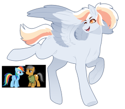 Size: 1800x1563 | Tagged: safe, artist:purplegrim40, imported from derpibooru, quibble pants, rainbow dash, oc, earth pony, pegasus, pony, clothes, eyelashes, offspring, one eye closed, parent:quibble pants, parent:rainbow dash, parents:quibbledash, raised hoof, simple background, transparent background, wink