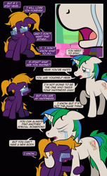 Size: 1920x3168 | Tagged: safe, artist:alexdti, imported from derpibooru, oc, oc only, oc:purple creativity, oc:star logic, pegasus, pony, unicorn, comic:quest for friendship, comic, confession, crying, dialogue, eye contact, eyes closed, female, femboy, floppy ears, folded wings, glasses, high res, hooves, horn, hug, looking at each other, looking at someone, male, mare, open mouth, pegasus oc, raised hoof, sad, sitting, speech bubble, stallion, standing, two toned mane, unicorn oc, wings