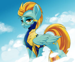 Size: 1280x1071 | Tagged: safe, artist:kovoranu, artist:skitsniga, imported from derpibooru, lightning dust, pegasus, pony, clothes, collaboration, dock, ear fluff, female, goggles, leg fluff, mare, solo, tail, uniform, wings, wonderbolt trainee uniform