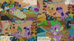 Size: 4400x2475 | Tagged: safe, edit, edited screencap, editor:quoterific, imported from derpibooru, screencap, applejack, spike, twilight sparkle, dragon, earth pony, pony, unicorn, season 2, secret of my excess, apple, female, food, hat, hug, male, mare, party hat, unicorn twilight