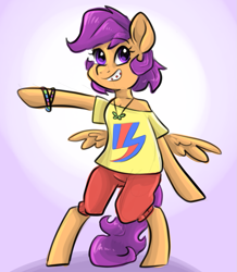 Size: 871x1000 | Tagged: safe, artist:smirk, imported from derpibooru, scootaloo, semi-anthro, bracelet, braces, clothes, colored sketch, jewelry, necklace, solo, teenager