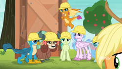 Size: 1248x702 | Tagged: safe, imported from derpibooru, screencap, applejack, gallus, ocellus, sandbar, silverstream, smolder, yona, changedling, changeling, classical hippogriff, dragon, earth pony, griffon, hippogriff, pony, yak, clothes, cloven hooves, colored hooves, hard hat, hat, jewelry, necklace, offscreen character, student six