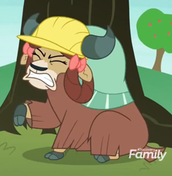 Size: 682x700 | Tagged: safe, imported from derpibooru, screencap, yona, yak, non-compete clause, bow, clothes, cloven hooves, cropped, eyes closed, gritted teeth, hair bow, hard hat, hat, monkey swings, out of context, solo, teeth