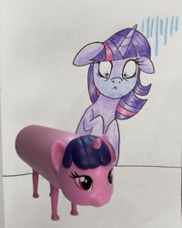 Size: 899x1125 | Tagged: safe, artist:mintytreble, edit, imported from derpibooru, twilight sparkle, pony, unicorn, floppy ears, meme, scared, solo, traditional art, twilight sparkle is not amused, unamused, unicorn twilight