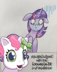 Size: 899x1125 | Tagged: safe, artist:mintytreble, edit, imported from derpibooru, sweetie belle (g3), twilight sparkle, pony, unicorn, cursed, cursed image, floppy ears, g3.5, meme, newborn cuties, traditional art, twilight sparkle is not amused, unamused, unicorn twilight
