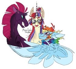 Size: 1100x1000 | Tagged: safe, artist:eqq_scremble, derpibooru exclusive, imported from derpibooru, moondancer, rainbow dash, tempest shadow, pegasus, unicorn, broken horn, bust, crack shipping, female, glasses, horn, lesbian, polyamory, portrait, scar, shipping, simple background, smiling, smirk, trio, white background