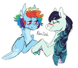 Size: 800x700 | Tagged: safe, artist:eqq_scremble, derpibooru exclusive, imported from derpibooru, coloratura, rainbow dash, earth pony, pegasus, blushing, bust, colored hooves, crack shipping, duo, female, heart, heart eyes, hoofsies, lesbian, portrait, raradash, shipping, short hair, simple background, smiling, tattoo, white background, wingding eyes