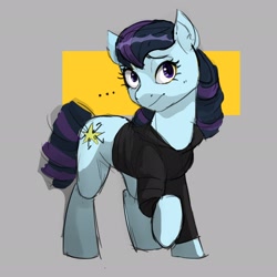 Size: 2654x2654 | Tagged: safe, artist:cadillac-dynamite, imported from derpibooru, coloratura, earth pony, pony, clothes, female, high res, looking at you, mare, ponybooru import, raised hoof, raised leg, simple background, smiling, solo, sweater