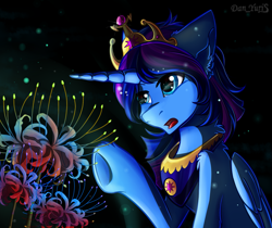 Size: 1889x1583 | Tagged: safe, alternate version, artist:yuris, imported from derpibooru, oc, oc only, alicorn, pony, alicorn oc, black background, blue skin, commission, crown, folded wings, horn, jewelry, male, open mouth, regalia, simple background, solo, two toned mane, wings, ych result