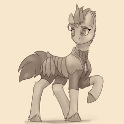 Size: 1600x1600 | Tagged: safe, artist:tenebrisnoctus, imported from derpibooru, fizzlepop berrytwist, tempest shadow, pony, unicorn, armor, broken horn, eye scar, female, hoof shoes, horn, mare, monochrome, raised hoof, royal guard, royal guard armor, scar, smiling, solo, tempest becomes a royal guard
