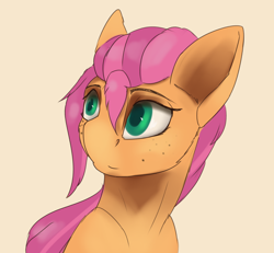 Size: 2152x1986 | Tagged: safe, artist:tenebrisnoctus, imported from derpibooru, sunny starscout, earth pony, pony, bust, female, freckles, g5, looking back, mare, portrait, simple background, smiling, solo