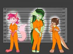 Size: 1280x963 | Tagged: safe, artist:jikatsu95, imported from derpibooru, oc, oc only, oc:eden shallowleaf, anthro, fox, otter, anthro oc, bound wings, chained, clothes, commission, cuffs, furry, furry oc, handcuffed, jumpsuit, line-up, prison outfit, varying degrees of want, wings