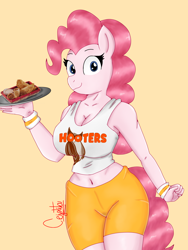 Size: 1536x2048 | Tagged: safe, artist:cjv2004, imported from derpibooru, pinkie pie, anthro, earth pony, big breasts, breasts, busty pinkie pie, cleavage, clothes, empanada, female, food, hooters, looking at you, midriff, shorts, simple background, solo, sweatband, tanktop, translated in the comments, uniform