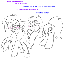Size: 4300x3900 | Tagged: safe, artist:feather_bloom, imported from derpibooru, oc, oc only, oc:blue_skies, oc:feather_bloom, pegasus, pony, butt, butt touch, butthug, couple, dialogue, doodle, duo, funny, hug, plot, simple background, vulgar, white background