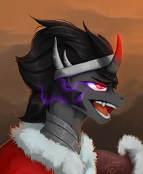 Size: 900x1095 | Tagged: safe, artist:xzjeep, imported from derpibooru, king sombra, umbrum, unicorn, bust, cape, clothes, glowing, glowing horn, horn, male, open mouth, portrait, signature, solo, sombra eyes, stallion, windswept mane
