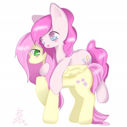 Size: 2048x2048 | Tagged: safe, artist:ppledik, imported from derpibooru, fluttershy, pinkie pie, earth pony, pegasus, pony, blushing, cute, diapinkes, duo, female, hug, implied flutterpie, mare, shyabetes, signature, simple background, white background
