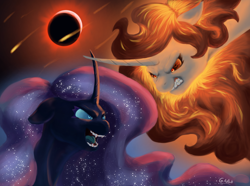 Size: 1750x1300 | Tagged: safe, artist:justgaduh, imported from derpibooru, daybreaker, nightmare moon, alicorn, pony, duo, duo female, eclipse, ethereal mane, female, fight, fireball, gritted teeth, mane of fire, mare, siblings, signature, sisters, solar eclipse, teeth