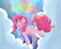 Size: 2000x1600 | Tagged: safe, artist:phoenixfox96, imported from derpibooru, pinkie pie, earth pony, pony, balloon, candy, cloud, female, floating, food, lollipop, mare, rainbow, solo, then watch her balloons lift her up to the sky