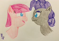 Size: 4032x2850 | Tagged: safe, artist:jesslmc16, imported from derpibooru, maud pie, pinkie pie, earth pony, pony, alternate hairstyle, colored pencil drawing, head only, looking at each other, looking at someone, mane swap, maudie pie, pinkamena diane pie, traditional art