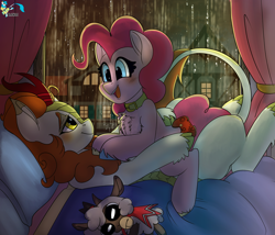 Size: 3500x3000 | Tagged: safe, artist:brainiac, imported from derpibooru, autumn blaze, pinkie pie, earth pony, kirin, pony, autumnpie, collar, controller, cuddling, cult of the lamb, cute, female, high res, lesbian, mare, plushie, red crown, shipping, xbox controller