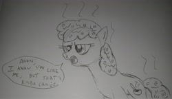 Size: 4036x2319 | Tagged: safe, anonymous artist, imported from derpibooru, oc, oc:oatmeal, earth pony, pony, 4chan, dialogue, female, food, mare, monochrome, oatmeal, oats, open mouth, pencil drawing, traditional art, unamused