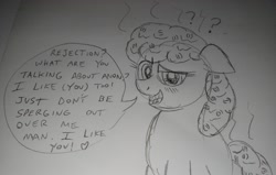 Size: 3888x2475 | Tagged: safe, anonymous artist, imported from derpibooru, oc, oc:oatmeal, earth pony, pony, 4chan, blushing, confused, dialogue, female, food, heart, looking at you, mare, monochrome, oatmeal, oats, open mouth, pencil drawing, traditional art